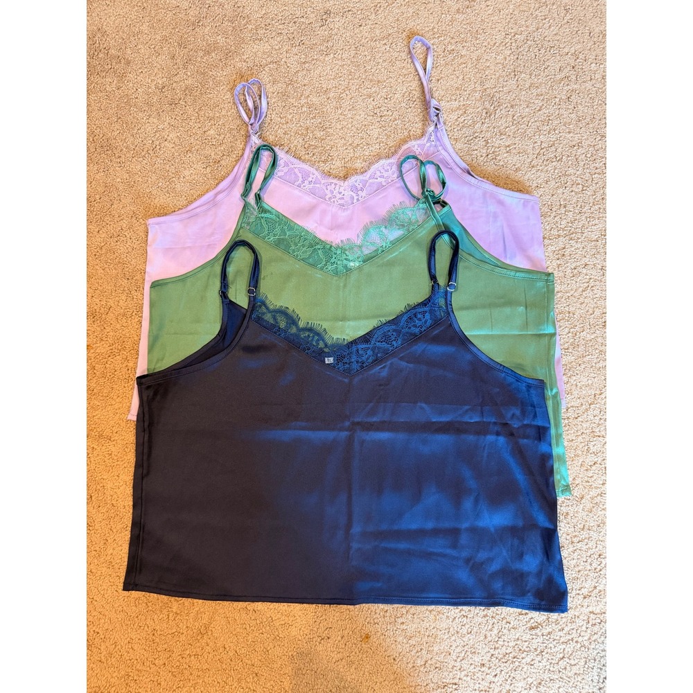 Satin Lace Trim Camisole Tank Top Bundle 3pc Navy Green Purple XL Y2K Coquette